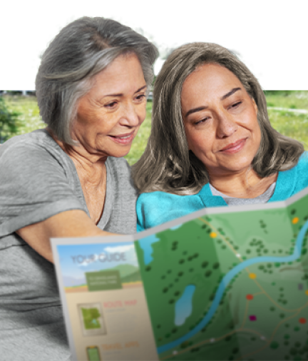 Two women reading a map.